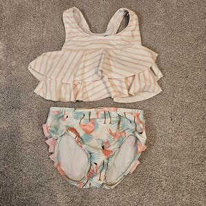 RuffleButts Girls 4T Flamingo Print 2-Piece Swimsuit Pink Stripe Ruffle Top